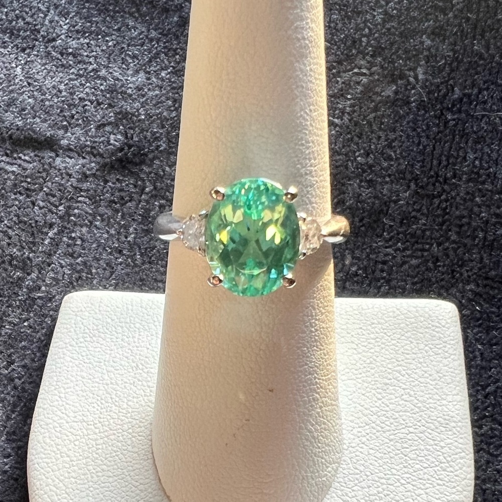 3.99 ct.  PARAIBA TOURMALINE colorless Half moon cut DIAMONDS 950 PLATINUM ring - Picture 12 of 17